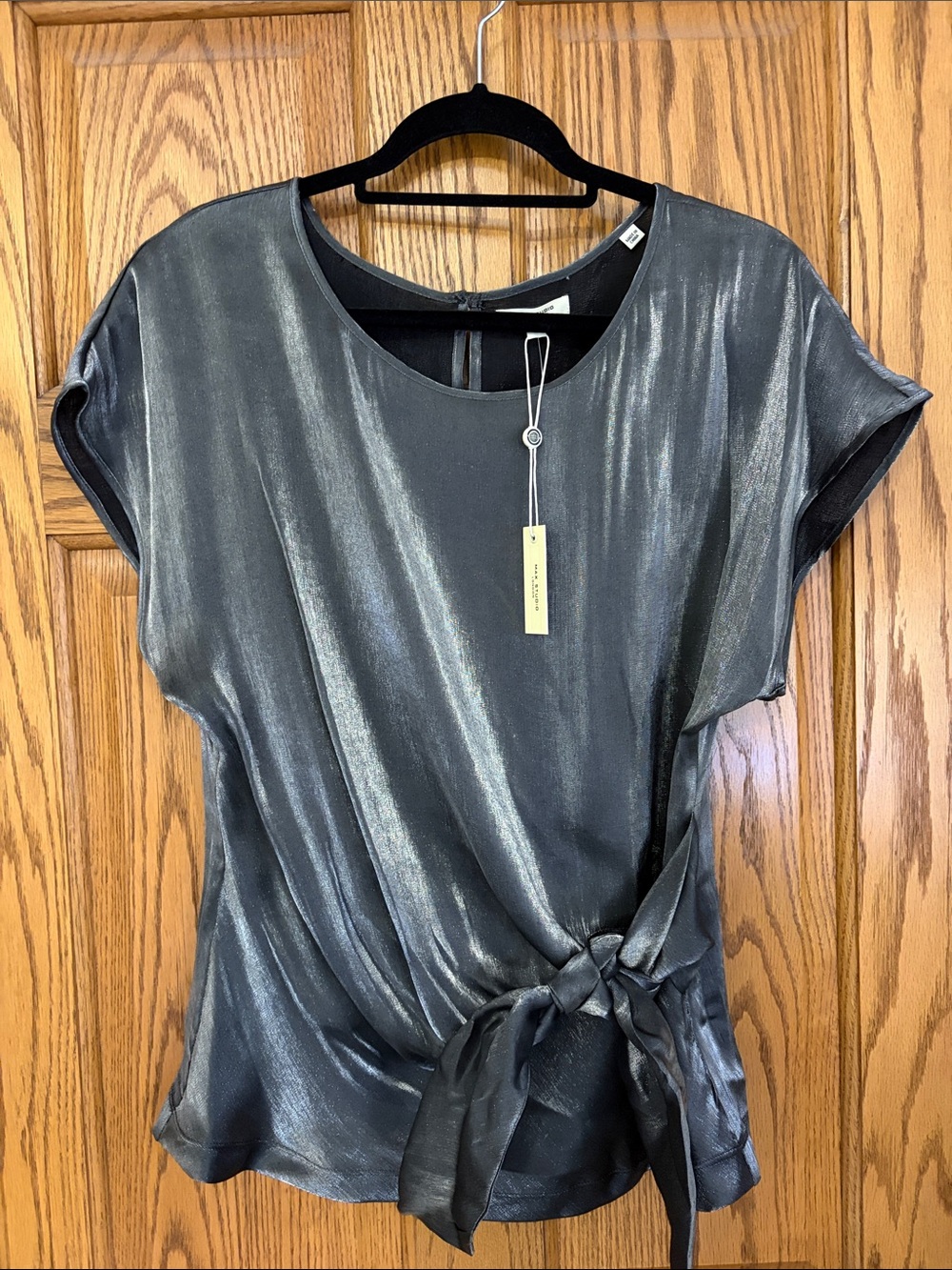 Max Studio Shimmery Silvery Charcoal Tie-Side Blouse